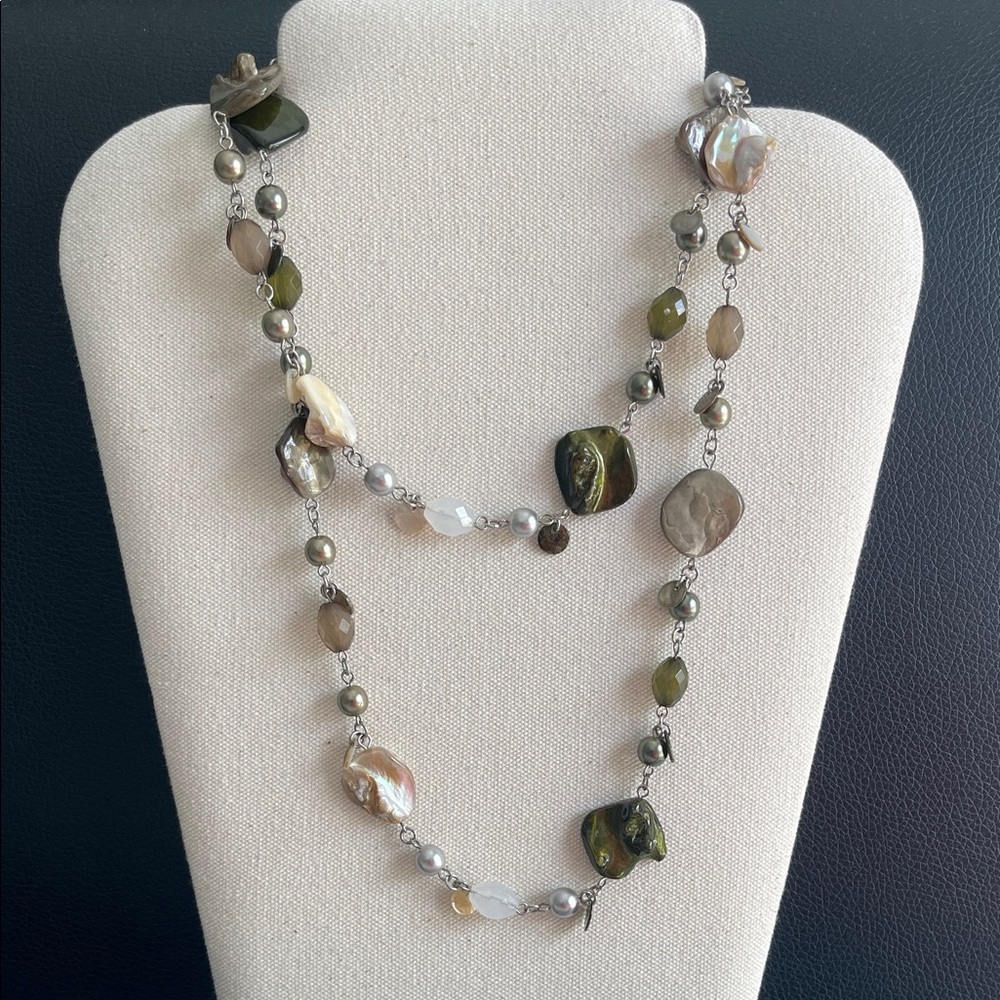 Multi-Tone Olive and Pearl Long Beaded Necklace - Women Jewelry
